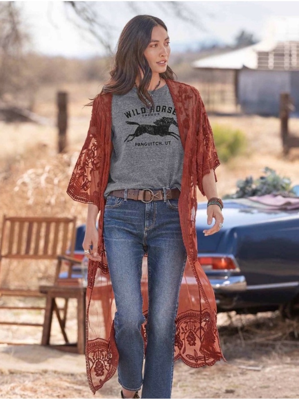 Sundance Rust Red Sheer Embroidered Maxi Kimono